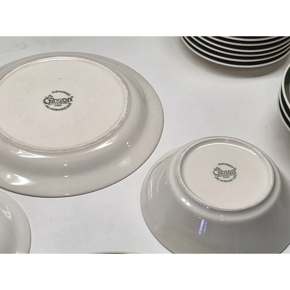 Gibson Housewares China 15pc Dinnerware Set Cream Forest Green Banded Rim